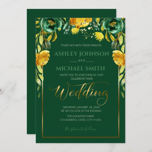 Smaragd en mosterd bruiloft thema uitnodiging (Voorkant / Achterkant)