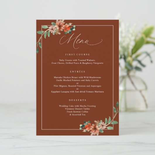 Smaragd en Roest Verbrand Sinaasappel Groen Bruilo Menu (Staand voorkant)