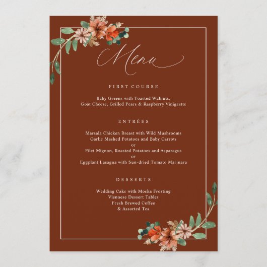 Smaragd en Roest Verbrand Sinaasappel Groen Bruilo Menu (Voorkant)