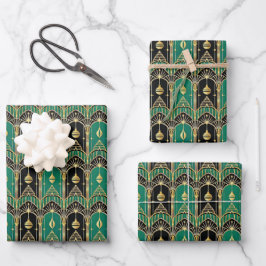 Smaragd en zwart Art Deco vakantiepatroon Inpakpapier Vel