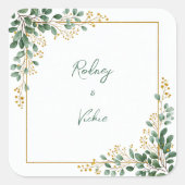 Smaragd Eucalyptus Gouden Bes Frame Bruiloft Vierkante Sticker (Voorkant)