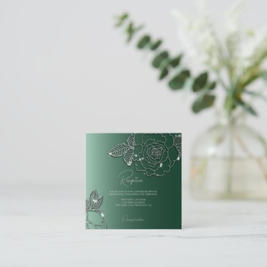 Smaragd Evergroen Zilver Elegante Trouw Informatiekaartje (Staand voorkant)