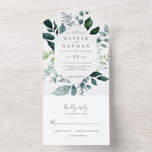 Smaragd gebladerte groen laat bruiloft alles in éé all in one uitnodiging (Binnen)