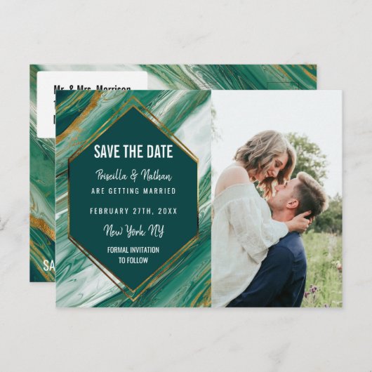 Smaragd Goud Abstract Agate Marmer Save the Date Aankondigingskaart (Voorkant / Achterkant)