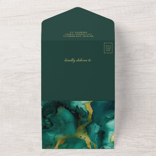 Smaragd Goud Abstract Vloeibare Inkt QR Code Bruil All In One Uitnodiging (Buitenkant)