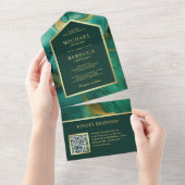 Smaragd Goud Abstract Vloeibare Inkt QR Code Bruil All In One Uitnodiging (Afscheurbaar)