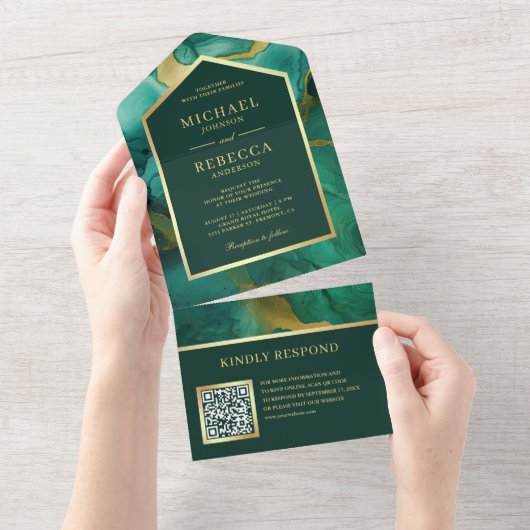 Smaragd Goud Abstract Vloeibare Inkt QR Code Bruil All In One Uitnodiging (Afscheurbaar)