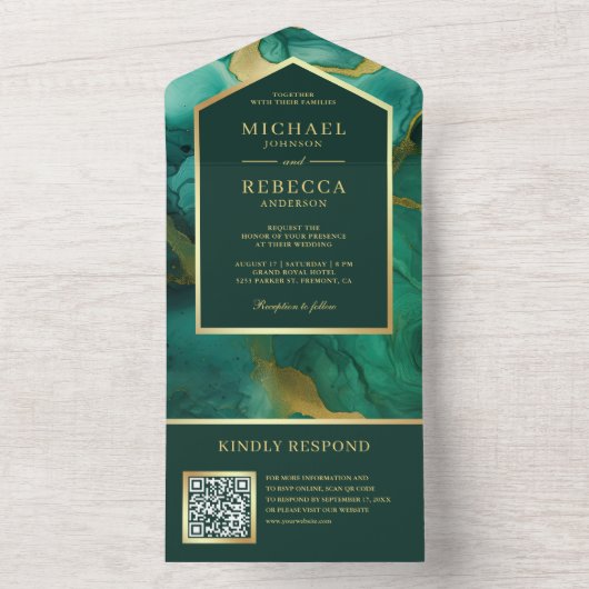 Smaragd Goud Abstract Vloeibare Inkt QR Code Bruil All In One Uitnodiging (Binnen)