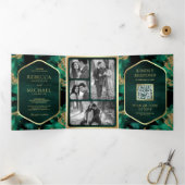 Smaragd Goud Abstract Vloeibare Inkt QR Code Bruil Drieluik Uitnodiging (Binnen)