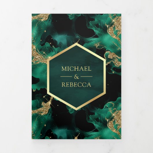 Smaragd Goud Abstract Vloeibare Inkt QR Code Bruil Drieluik Uitnodiging (Cover)