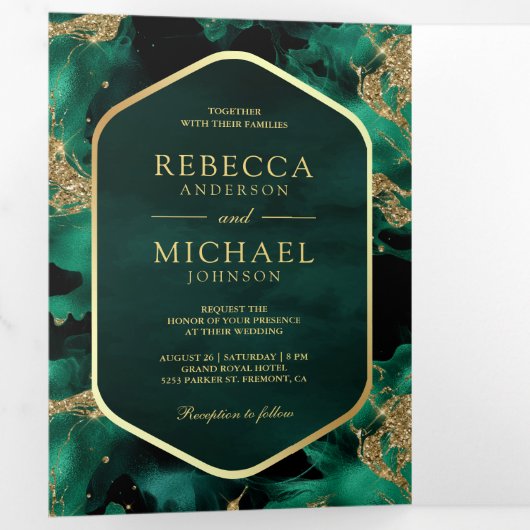 Smaragd Goud Abstract Vloeibare Inkt QR Code Bruil Drieluik Uitnodiging (Binnenzijde eerst)