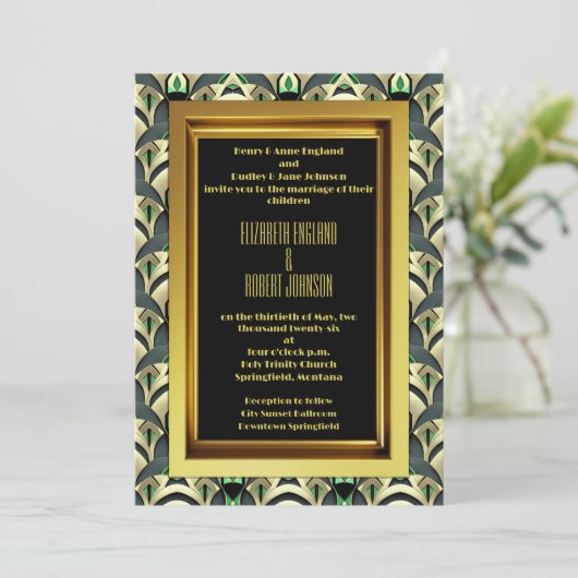 Smaragd & Goud Art Deco Bruiloft Kaart (Staand voorkant)