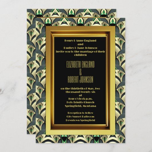 Smaragd & Goud Art Deco Bruiloft Kaart (Voorkant / Achterkant)