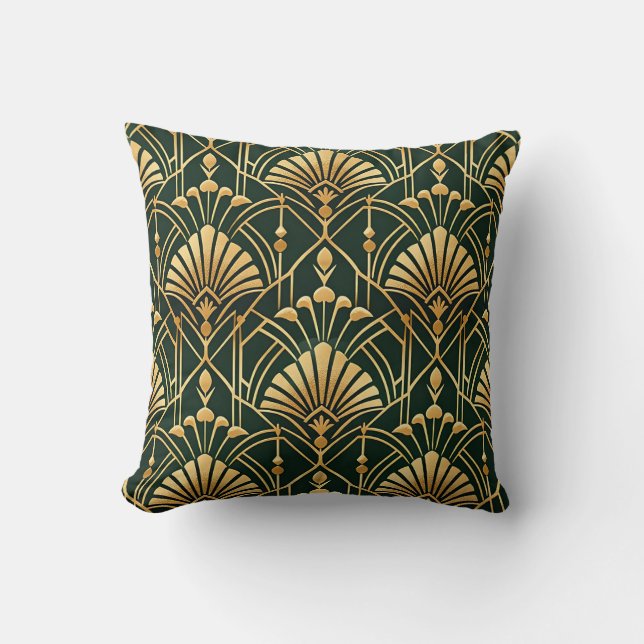 Smaragd Goud Art Deco Patroon Kussen (Voorkant)