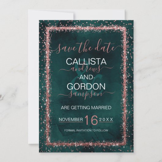 Smaragd Goud Bestrooid Confetti Bruiloft Save The Date (Voorkant)
