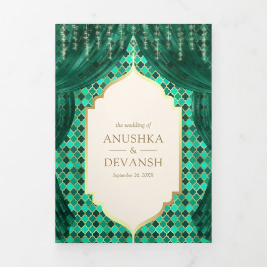 Smaragd Goud Bloemengordijn Indische Hindoe Bruilo Drieluik Uitnodiging (Cover)
