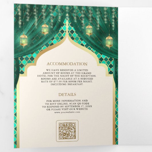 Smaragd Goud Bloemengordijn Indische Hindoe Bruilo Drieluik Uitnodiging (Binnenzijde eerst)