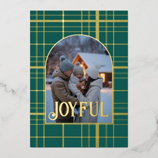 Smaragd & Goud Gingham Kerstvakantie Foto Folie Feestdagenkaart (Voorkant)