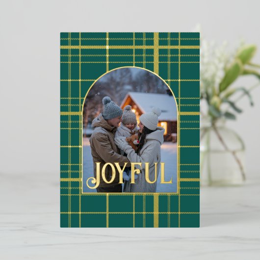 Smaragd & Goud Gingham Kerstvakantie Foto Folie Feestdagenkaart (Staand Voorkant)