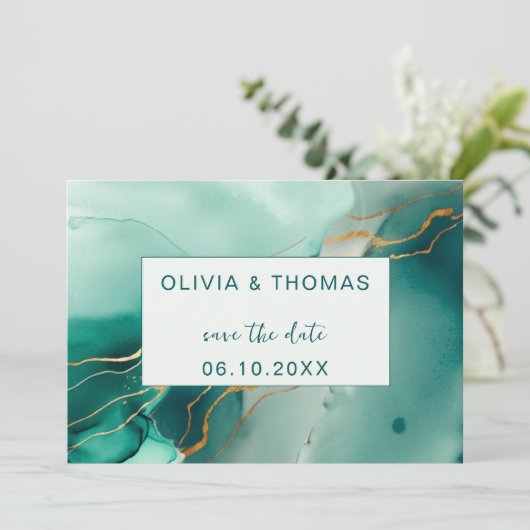 Smaragd Goud Modern Eenvoudig Strand Bruiloft Opsl Kaart (Staand voorkant)