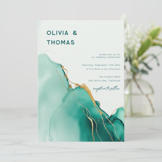 Smaragd Goud Modern Romantisch Boho Beach Bruiloft Kaart (Staand voorkant)