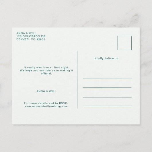 Smaragd Goud Moderne Huwelijksfoto Save the Date Briefkaart (Achterkant)