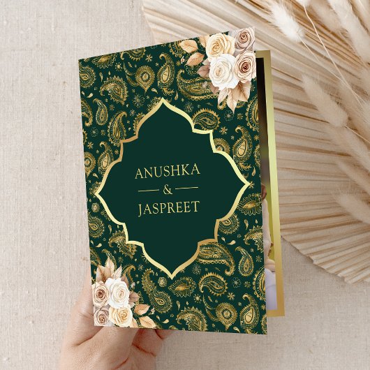 Smaragd Goud Paisley Bloemen QR Code Indiase bruil