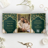 Smaragd Goud Paisley Bloemen QR Code Indiase bruil Drieluik Uitnodiging