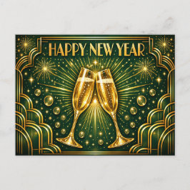 Smaragd Gouden Art Deco Champagne Viering Feestdagenkaart