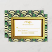 Smaragd & Gouden Art Deco RSVP Kaartje (Voorkant / Achterkant)