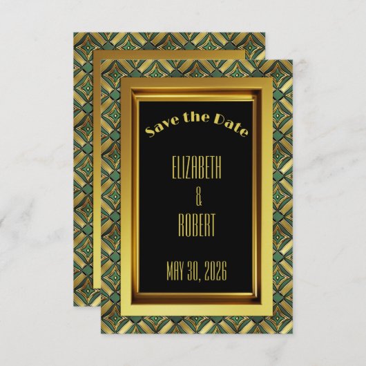 Smaragd & Gouden Art Deco Save The Date (Voorkant / Achterkant)