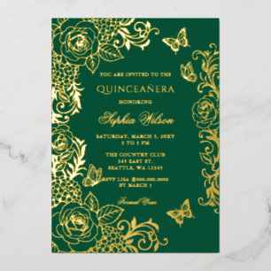 Smaragd Gouden Bloem Vlinder Quinceañera Folie Uitnodiging