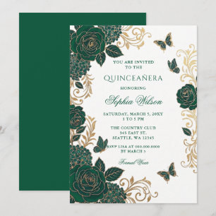 Smaragd Gouden Bloemige Vlinder Quinceañera Kaart