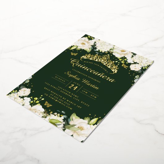 Smaragd Gouden Champagne Bloemen Quinceanera Folie Uitnodiging (Gedraaid)