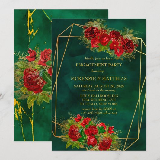 Smaragd Gouden Geometrische Rode Bloemengala Kaart (Voorkant / Achterkant)