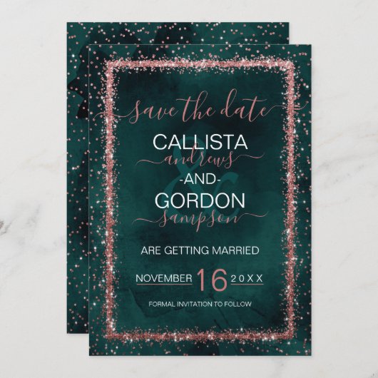 Smaragd Gouden Glitter Confetti Bruiloft Save The Date (Voorkant / Achterkant)