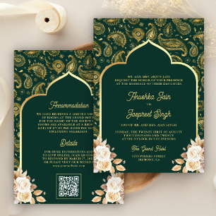 Smaragd Gouden Paisley Bloem QR Code Indiase Trouw Kaart