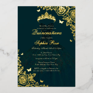Smaragd Gouden Roze Jurk Quinceanera Folie Uitnodiging