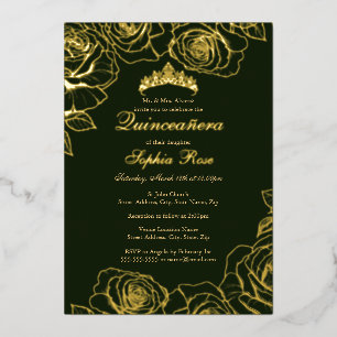 Smaragd Gouden Rozen Tuin Quinceanera Folie Uitnodiging