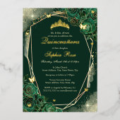 Smaragd Gouden Vlinder Bloemen Quinceanera Folie Uitnodiging (Voorkant)