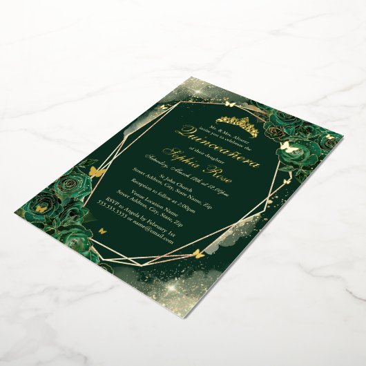 Smaragd Gouden Vlinder Bloemen Quinceanera Folie Uitnodiging (Gedraaid)