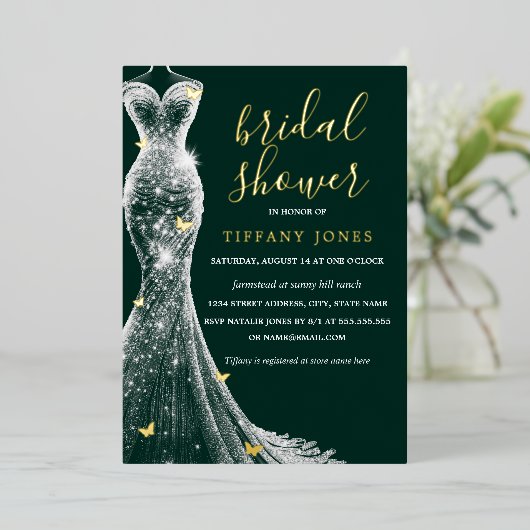 Smaragd gouden vlinder jurk Vrijgezellenfeest Folie Uitnodiging (Staand Voorkant)