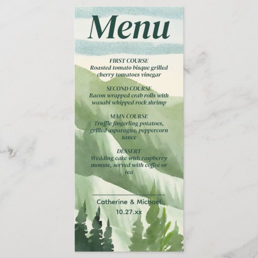 Smaragd groen bergden rustieke bruiloft menu (Voorkant)