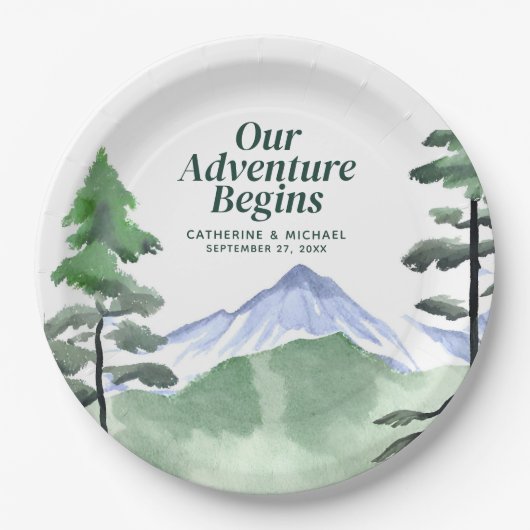 Smaragd groen bergden rustieke bruiloft papieren bordje (Voorkant)