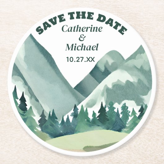 Smaragd groen bergden rustieke bruiloft ronde kartonnen onderzetter (Voorkant)