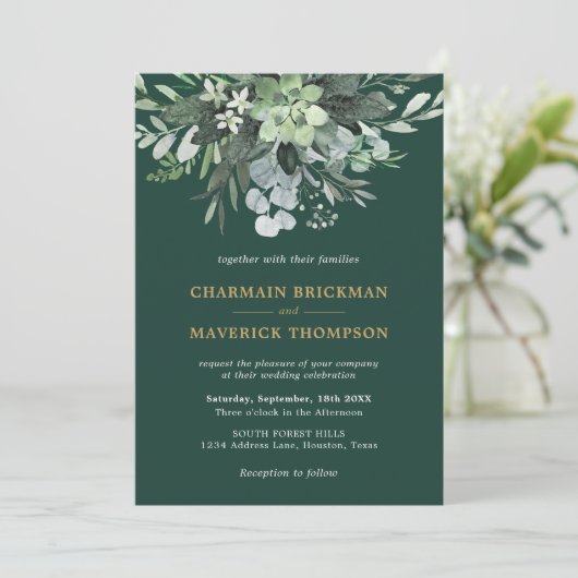 Smaragd groen blad goud monogram bruiloft kaart (Staand voorkant)