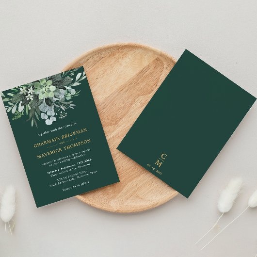 Smaragd groen blad goud monogram bruiloft kaart
