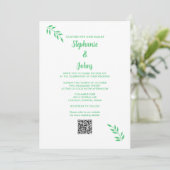 Smaragd Groen Blad Script Wit QR Code Bruiloft Kaart (Staand voorkant)