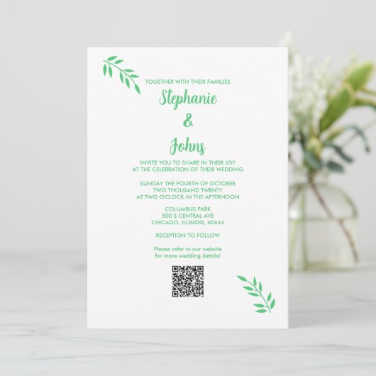 Smaragd Groen Blad Script Wit QR Code Bruiloft Kaart (Staand voorkant)