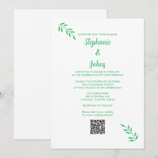 Smaragd Groen Blad Script Wit QR Code Bruiloft Kaart (Voorkant / Achterkant)